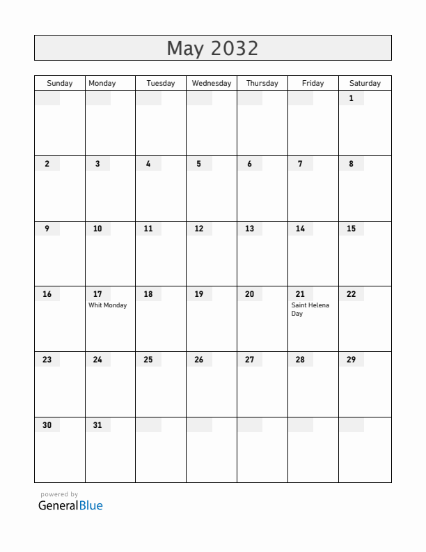 Saint Helena May 2032 Calendar with Holidays