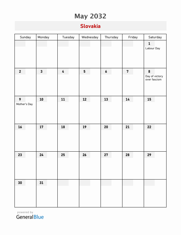 Slovakia May 2032 Calendar with Holidays