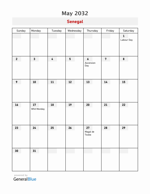 Senegal May 2032 Calendar with Holidays