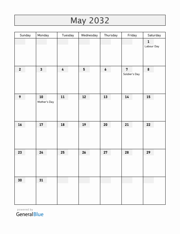El Salvador May 2032 Calendar with Holidays