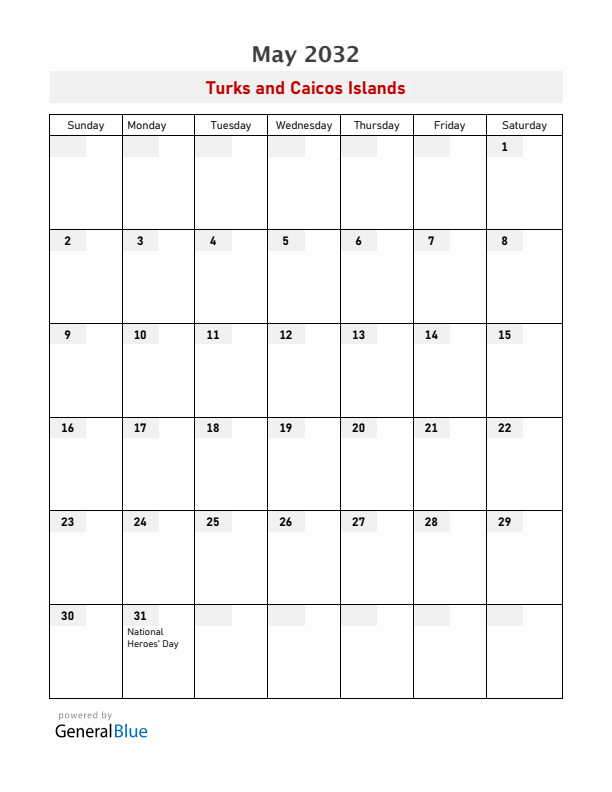 Turks and Caicos Islands May 2032 Calendar with Holidays