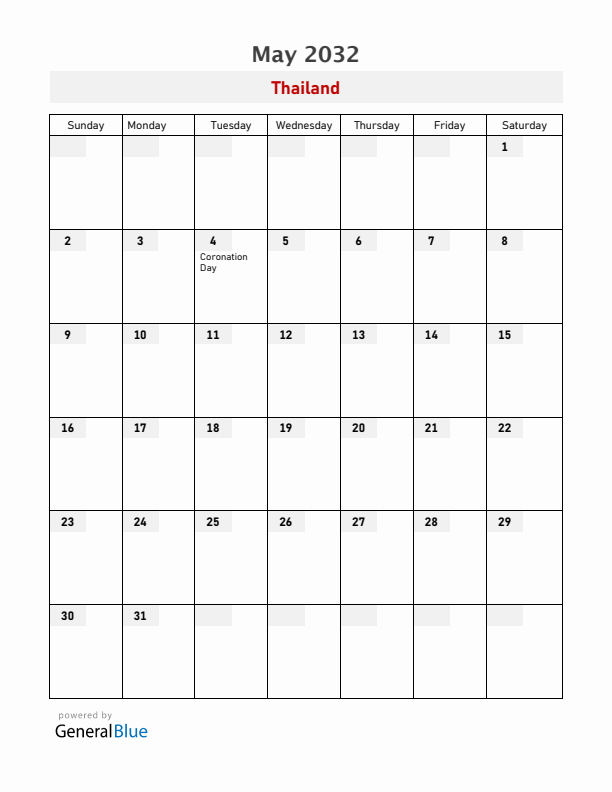 Thailand May 2032 Calendar with Holidays