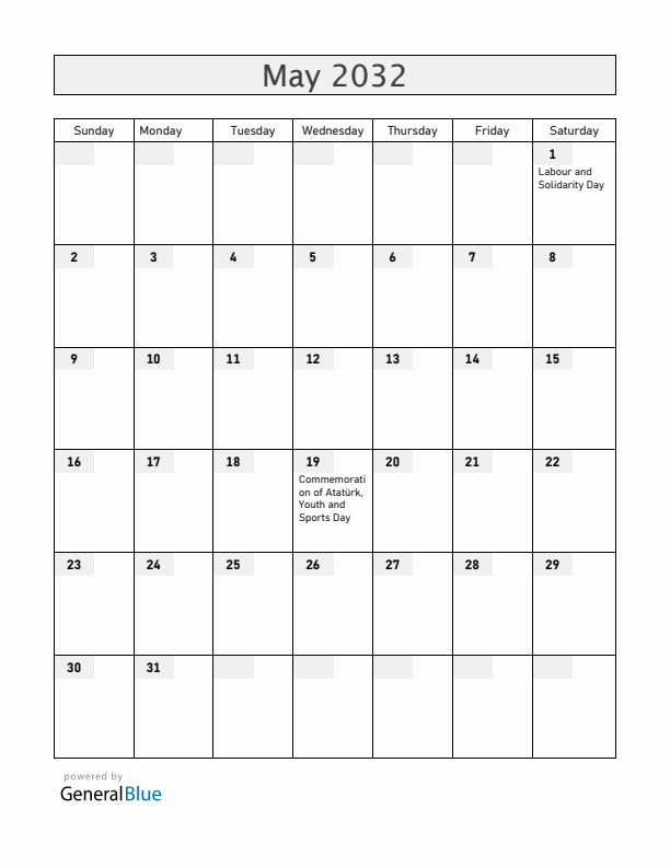 Turkey May 2032 Calendar with Holidays