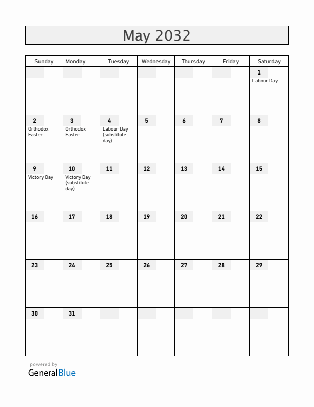 Ukraine May 2032 Calendar with Holidays