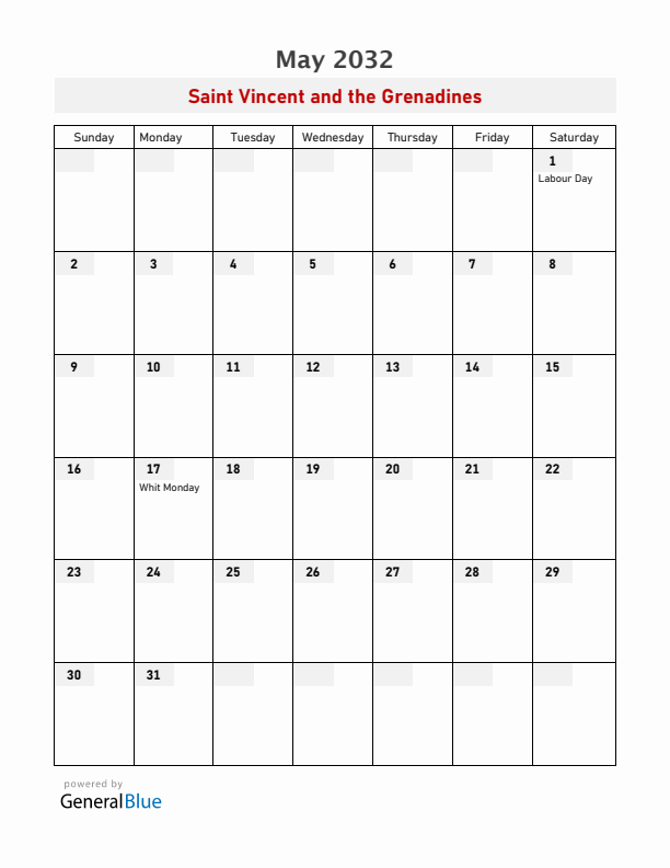 Saint Vincent and the Grenadines May 2032 Calendar with Holidays
