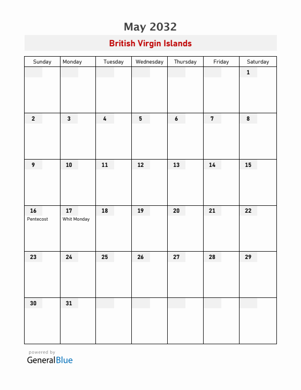 British Virgin Islands May 2032 Calendar with Holidays