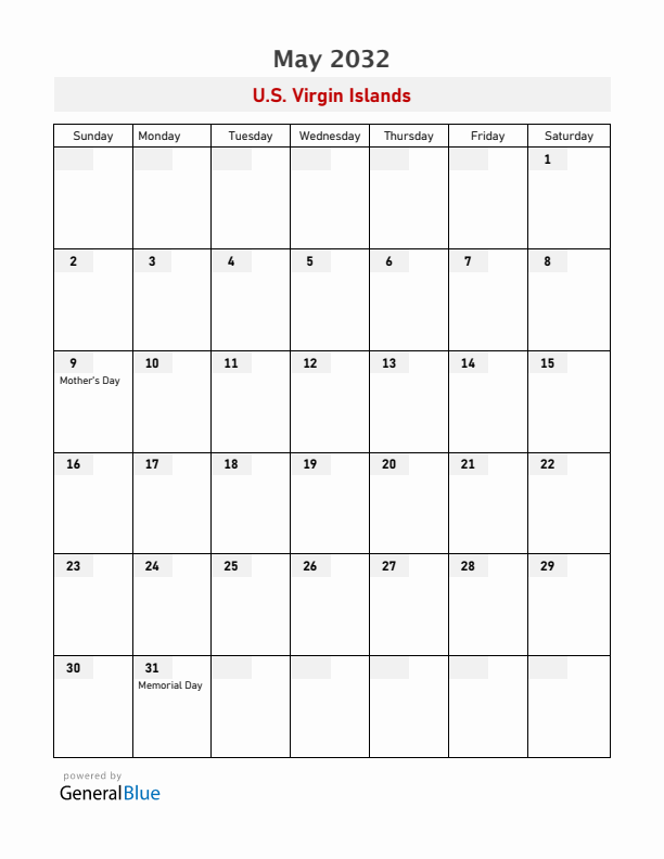 U.S. Virgin Islands May 2032 Calendar with Holidays