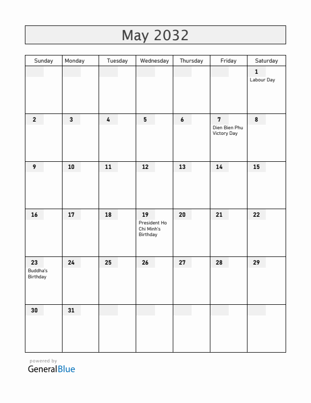 Vietnam May 2032 Calendar with Holidays