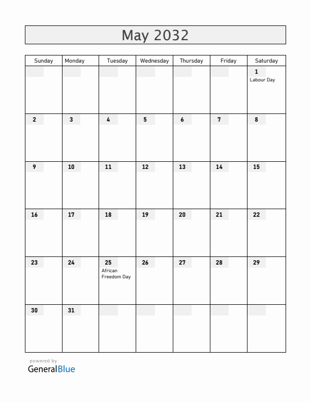Zambia May 2032 Calendar with Holidays