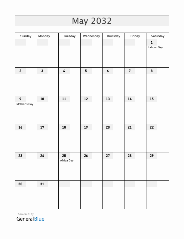 Zimbabwe May 2032 Calendar with Holidays