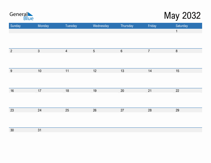 Fillable Calendar for May 2032