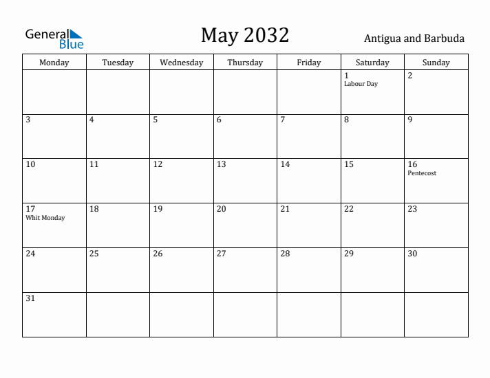 May 2032 Calendar Antigua and Barbuda