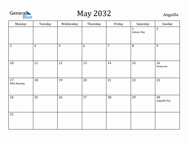 May 2032 Calendar Anguilla