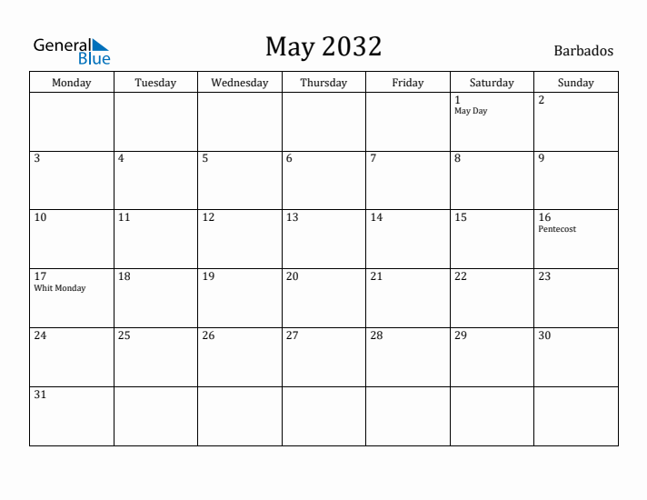 May 2032 Calendar Barbados