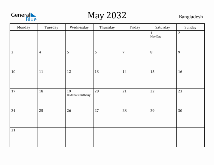 May 2032 Calendar Bangladesh