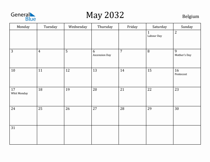 May 2032 Calendar Belgium
