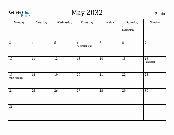 May 2032 Calendar Benin