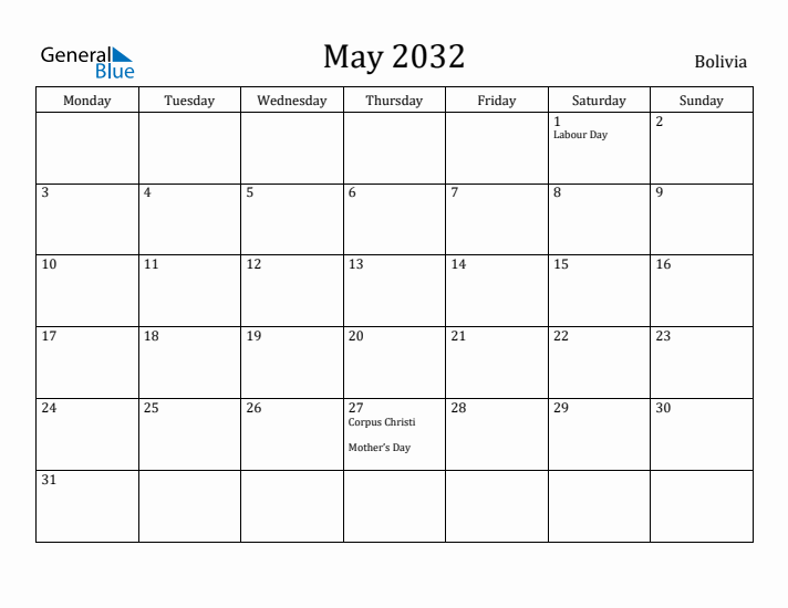 May 2032 Calendar Bolivia