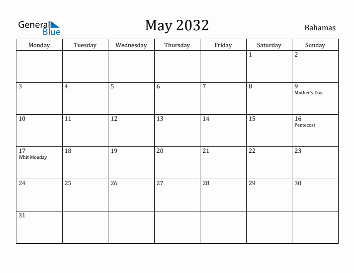 May 2032 Calendar Bahamas