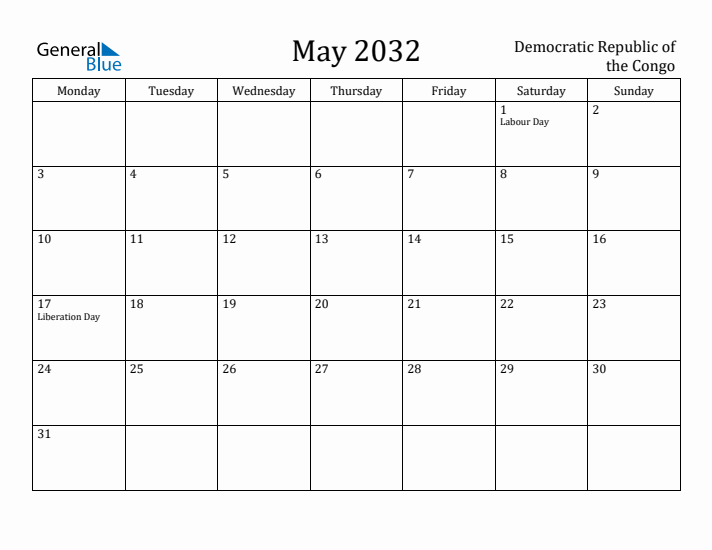 May 2032 Calendar Democratic Republic of the Congo