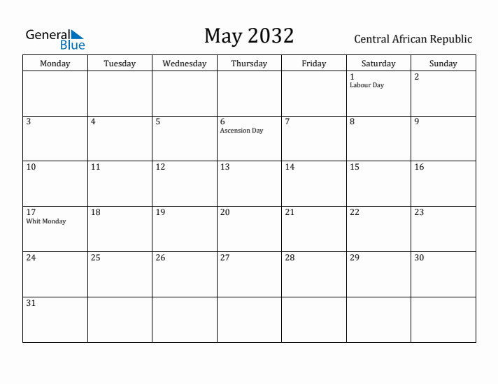 May 2032 Calendar Central African Republic