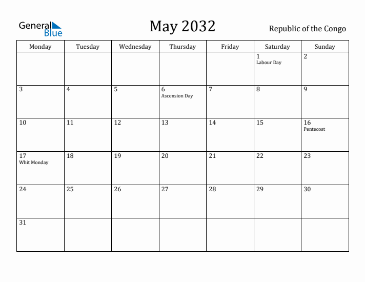 May 2032 Calendar Republic of the Congo