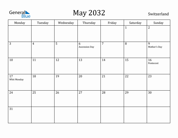 May 2032 Calendar Switzerland