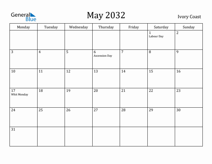May 2032 Calendar Ivory Coast