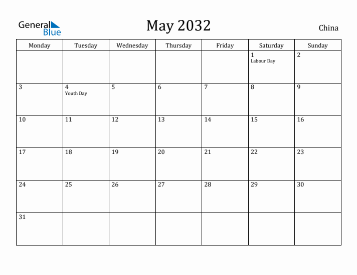 May 2032 Calendar China