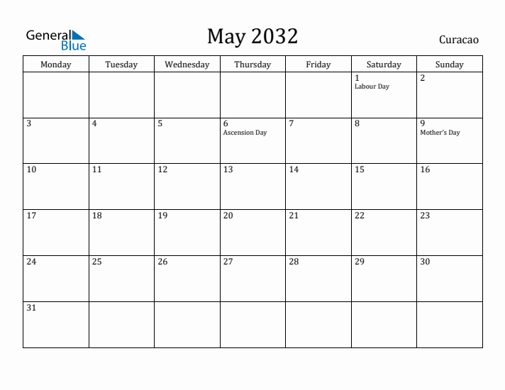 May 2032 Calendar Curacao