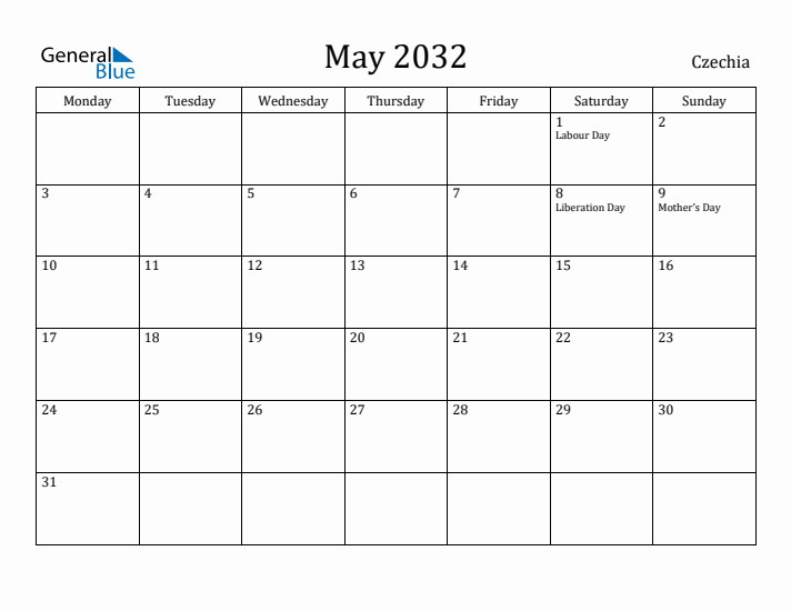 May 2032 Calendar Czechia