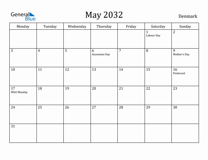 May 2032 Calendar Denmark