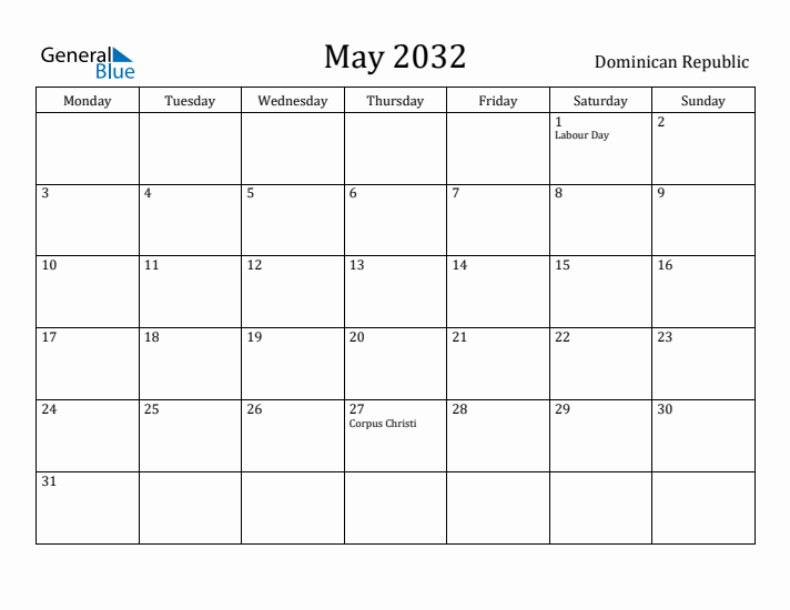 May 2032 Calendar Dominican Republic