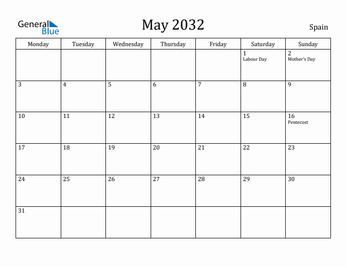 May 2032 Calendar Spain