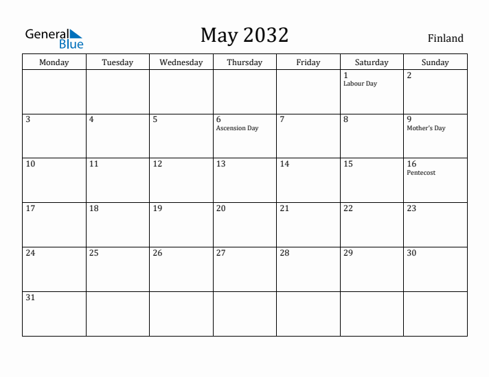 May 2032 Calendar Finland
