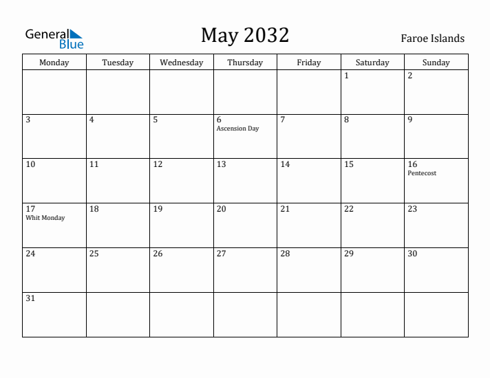 May 2032 Calendar Faroe Islands