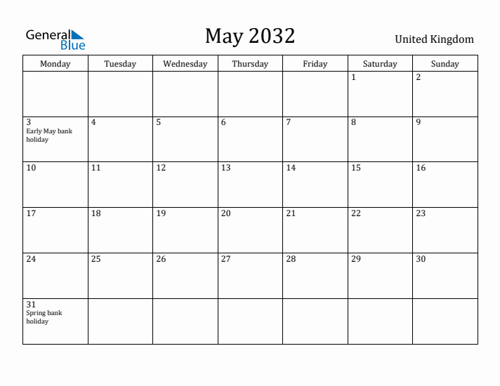 May 2032 Calendar United Kingdom