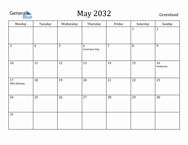 May 2032 Calendar Greenland