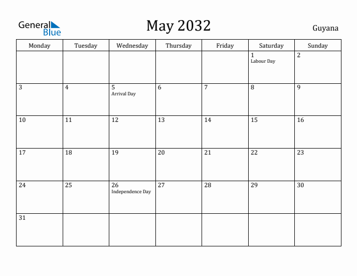 May 2032 Calendar Guyana