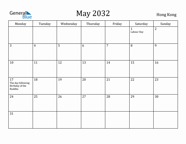 May 2032 Calendar Hong Kong