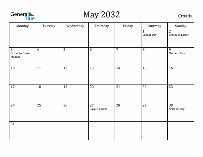 May 2032 Calendar Croatia