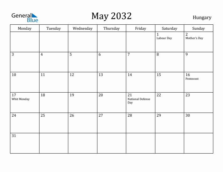 May 2032 Calendar Hungary
