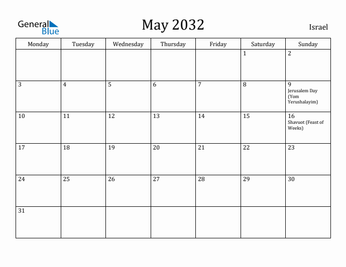 May 2032 Calendar Israel