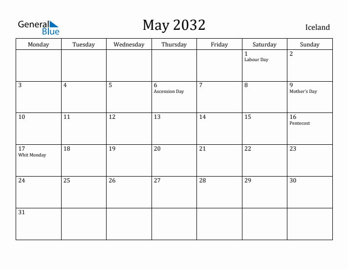 May 2032 Calendar Iceland