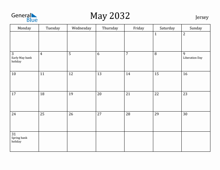 May 2032 Calendar Jersey