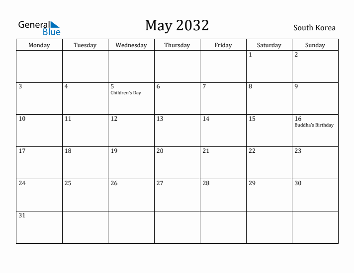 May 2032 Calendar South Korea