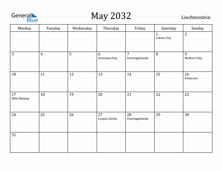 May 2032 Calendar Liechtenstein
