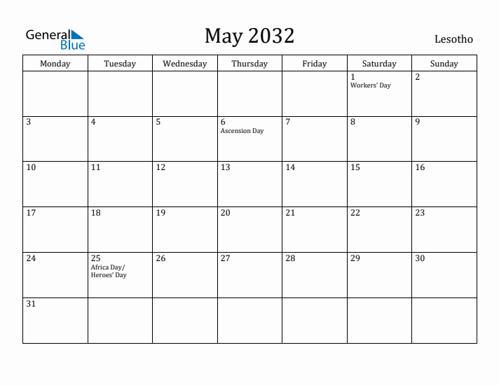 May 2032 Calendar Lesotho