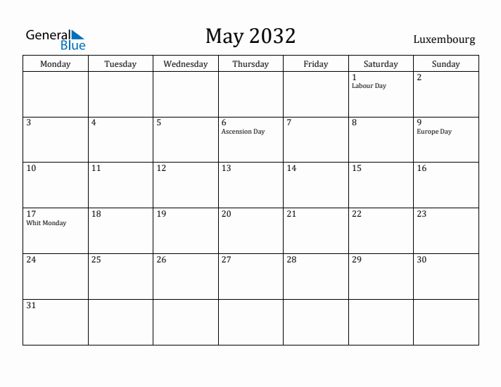 May 2032 Calendar Luxembourg