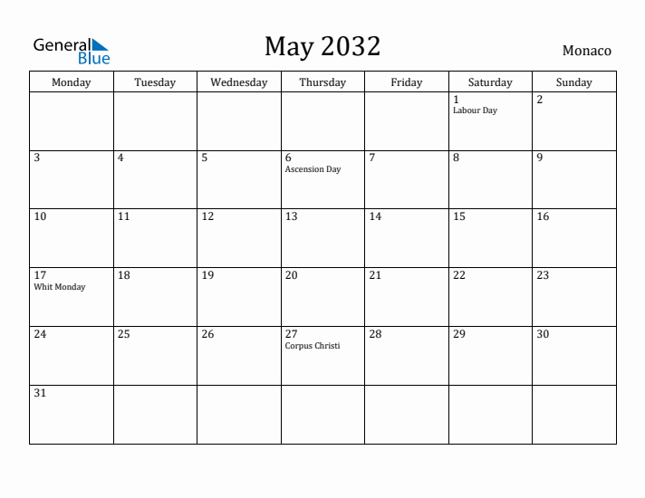 May 2032 Calendar Monaco